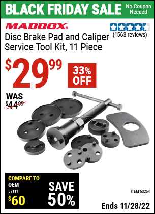 Buy the MADDOX Disc Brake Pad and Caliper Service Tool Kit 11 Pc. (Item 63264) for $29.99, valid through 11/28/2022.