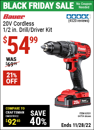 Buy the BAUER 20V Hypermax Lithium 1/2 In. Drill/Driver Kit (Item 63531/63531) for $54.99, valid through 11/28/2022.