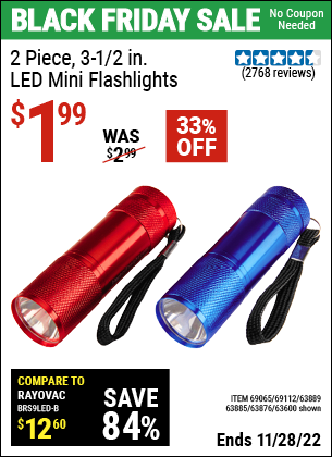 Buy the 2 Piece 3-1/2 in. LED Mini Flashlight (Item 63600/69065/69112/63889/63885/63876) for $1.99, valid through 11/28/2022.