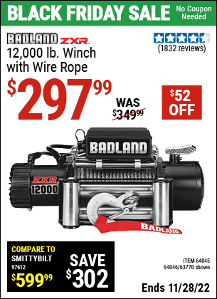 Buy the BADLAND 12000 Lbs. Off-Road Vehicle Electric Winch With Automatic Load-Holding Brake (Item 63770/64045/64046) for $297.99, valid through 11/28/2022.