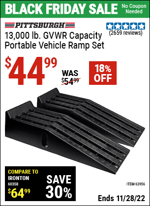 Buy the PITTSBURGH AUTOMOTIVE 13000 Lb. Portable Vehicle Ramp Set (Item 63956) for $44.99, valid through 11/28/2022.
