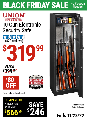 Buy the UNION SAFE COMPANY 10 Gun Electronic Security Safe (Item 64011/64008) for $319.99, valid through 11/28/2022.