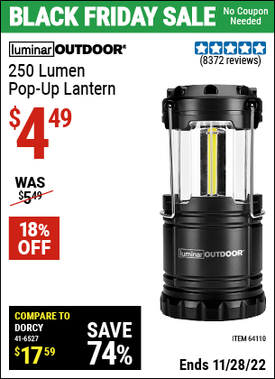 Buy the LUMINAR OUTDOOR 250 Lumen Compact Pop-Up Lantern (Item 64110) for $4.49, valid through 11/28/2022.