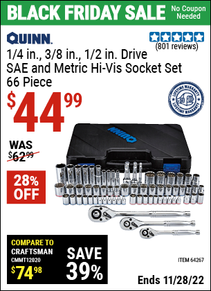 Buy the QUINN 66 Pc 1/4 in. 3/8 in. 1/2 in. Drive SAE & Metric Hi-Vis Socket Set (Item 64267) for $44.99, valid through 11/28/2022.