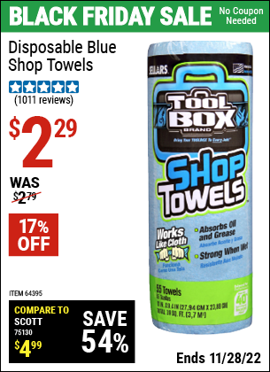 Buy the TOOLBOX Disposable Blue Shop Towels (Item 64395) for $2.29, valid through 11/28/2022.