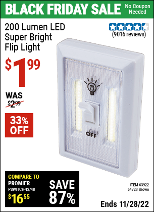 Buy the 200 Lumen LED Super Bright Flip Light (Item 64723/63922) for $1.99, valid through 11/28/2022.