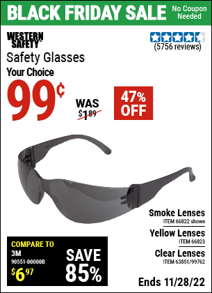 Buy the WESTERN SAFETY Safety Glasses with Smoke Lenses (Item 66822/66823/99762/63851) for $0.99, valid through 11/28/2022.