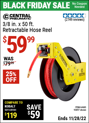 Buy the CENTRAL PNEUMATIC 3/8 In. X 50 Ft. Retractable Hose Reel (Item 93897/64685) for $59.99, valid through 11/28/2022.