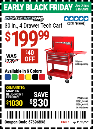 U.S. GENERAL 30 In. 4 Drawer Tech Cart for $199.99 – Harbor Freight Coupons