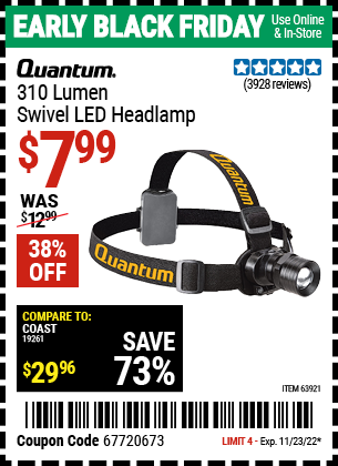 QUANTUM 310 Lumen Headlamp for $7.99 – Harbor Freight Coupons