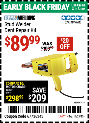 Buy the CHICAGO ELECTRIC Stud Welder Dent Repair Kit (Item 61433) for $89.99, valid through 11/23/2022.