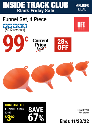 Inside Track Club members can buy the HFT Funnel Set 4 Pc. (Item 744/61941) for $0.99, valid through 11/23/2022.