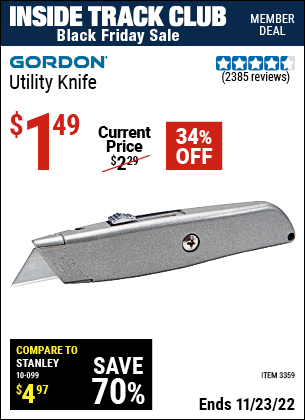 Inside Track Club members can buy the GORDON Retractable Utility Knife (Item 3359) for $1.49, valid through 11/23/2022.