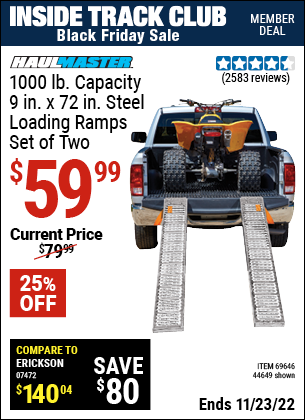 Inside Track Club members can buy the HAUL-MASTER 1000 lb. Capacity 9 in. x 72 in. Steel Loading Ramps Set of Two (Item 44649/69646) for $59.99, valid through 11/23/2022.
