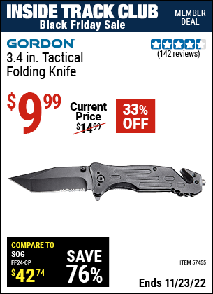 Inside Track Club members can buy the GORDON 3.4 In. Pocket Knife (Item 57455) for $9.99, valid through 11/23/2022.