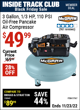 Inside Track Club members can buy the MCGRAW 3 Gallon 1/3 HP 110 PSI Oil-Free Pancake Air Compressor (Item 57567) for $49.99, valid through 11/23/2022.