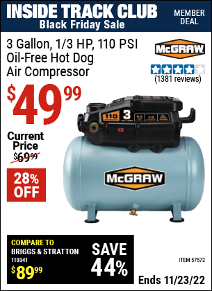 Inside Track Club members can buy the MCGRAW 3 Gallon 1/3 HP 110 PSI Oil-Free Hotdog Air Compressor (Item 57572) for $49.99, valid through 11/23/2022.