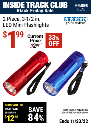 Inside Track Club members can buy the 2 Piece 3-1/2 in. LED Mini Flashlight (Item 63600/69065/69112/63889/63885/63876) for $1.99, valid through 11/23/2022.