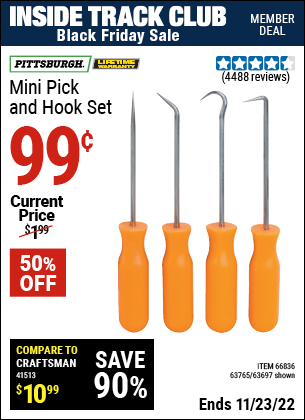 Inside Track Club members can buy the PITTSBURGH Mini Pick and Hook Set (Item 63697/66836/63765) for $0.99, valid through 11/23/2022.
