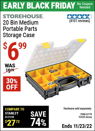 STOREHOUSE 20 Bin Medium Portable Parts Storage Case for $6.99 – Harbor