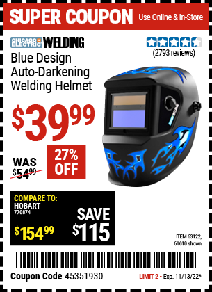 Buy the CHICAGO ELECTRIC Blue Design Auto Darkening Welding Helmet (Item 61610/63122) for $39.99, valid through 11/13/22.