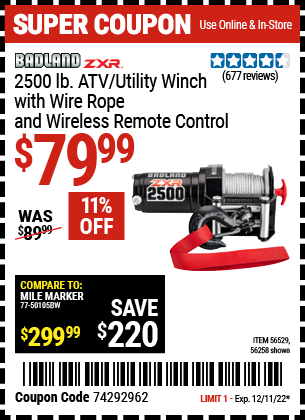 Buy the BADLAND 2500 Lb. ATV/Utility Electric Winch With Wireless Remote Control (Item 56258/56529) for $79.99, valid through 12/11/2022.