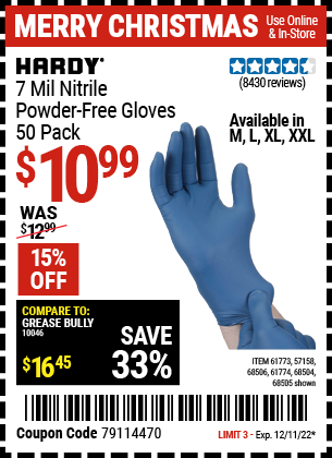 Buy the HARDY 7 Mil Nitrile Powder-Free Gloves, 50 Pc. XX-Large (Item 57158/68504/68505/61773/68506/61774) for $10.99, valid through 12/11/2022.