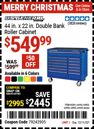 Buy the U.S. GENERAL SERIES 2 44 In. X 22 In. Double Bank Roller Cabinet (Item 64133/64281/64134/64443/64446/64954/64955/64956) for $549.99, valid through 12/11/2022.