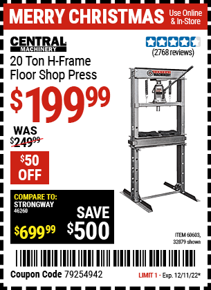 Buy the CENTRAL MACHINERY H-Frame Industrial Heavy Duty Floor Shop Press (Item 32879/60603) for $199.99, valid through 12/11/2022.