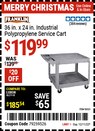 Buy the FRANKLIN 36 in. x 24 in. Polypropylene Industrial Service Cart (Item 58323/92862) for $119.99, valid through 12/11/2022.
