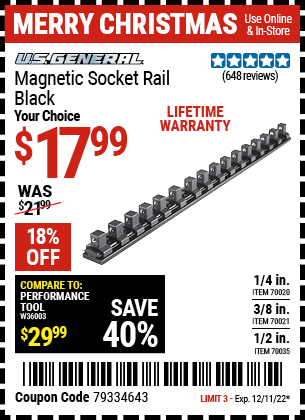 Buy the U.S. GENERAL 1/4 in. Magnetic Socket Rail (Item 70020/70021/70035) for $17.99, valid through 12/11/2022.