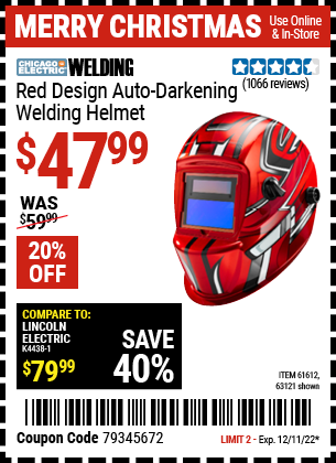 Buy the CHICAGO ELECTRIC Red Design Auto Darkening Welding Helmet (Item 63121/61612) for $47.99, valid through 12/11/2022.