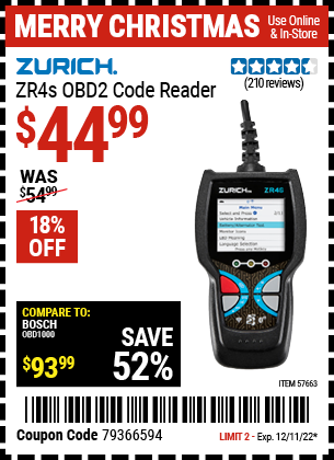 Buy the ZURICH ZR4S OBD2 Code Reader (Item 57663) for $44.99, valid through 12/11/2022.