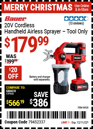 Buy the BAUER 20V Cordless Handheld Airless Sprayer (Item 58520) for $179.99, valid through 12/11/2022.