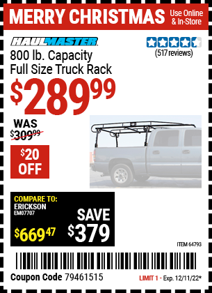 Buy the HAUL-MASTER 800 Lbs. Capacity Full Size Truck Rack (Item 98511/64793) for $289.99, valid through 12/11/2022.