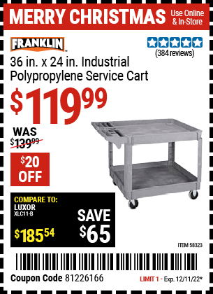 Buy the HAUL-MASTER 24 In. x 36 In. Polypropylene Industrial Service Cart (Item 92862/58323) for $549.99, valid through 12/11/22.