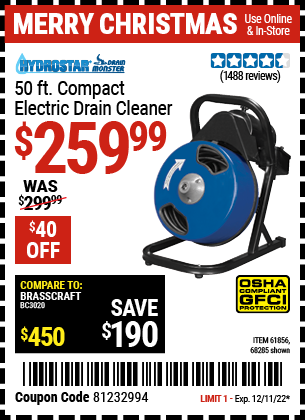 Buy the PACIFIC HYDROSTAR 50 Ft. Compact Electric Drain Cleaner, valid through 12/11/22.