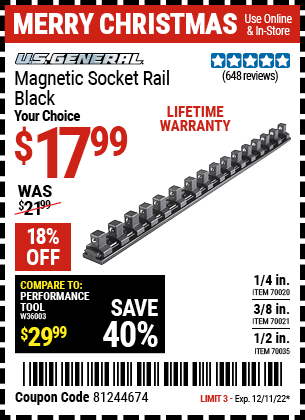 Buy the U.S. GENERAL 1/4 in. Magnetic Socket Rail, valid through 12/11/22.