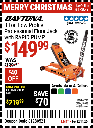 Buy the DAYTONA 3 Ton Low Profile Professional Rapid Pump Floor Jack, valid through 12/11/22.