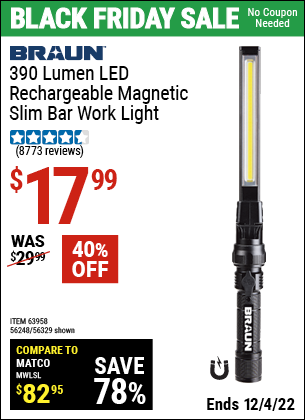 Buy the BRAUN 390 Lumen Magnetic Slim Bar Folding LED Work Light (Item 56329/63958/56248) for $17.99, valid through 12/4/2022.