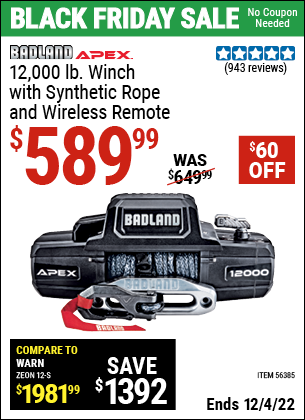 Buy the BADLAND APEX Synthetic 12000 Lb. Wireless Winch (Item 56385) for $589.99, valid through 12/4/2022.
