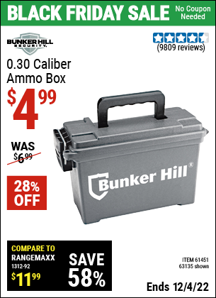 Buy the BUNKER HILL SECURITY Ammo Dry Box (Item 63135/61451) for $4.99, valid through 12/4/2022.