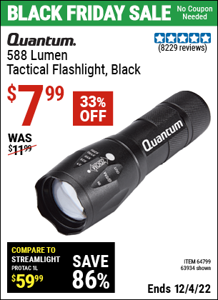Buy the QUANTUM 588 Lumen Tactical Flashlight (Item 63934/64799) for $7.99, valid through 12/4/2022.