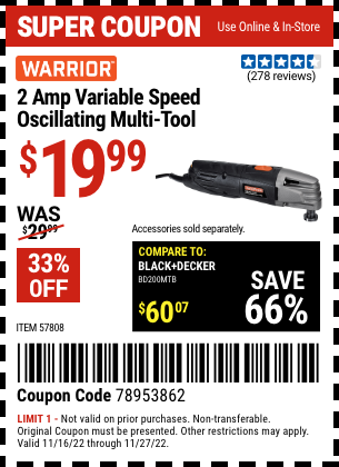 WARRIOR 2 Amp Variable Speed Oscillating Multi-Tool for $19.99 – Harbor ...