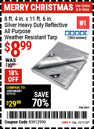 Buy the HFT 8 ft. 6 in. x 11 ft. 4 in. Silver/Heavy Duty Reflective All Purpose/Weather Resistant Tarp, valid through 12/11/22.