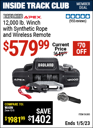 Inside Track Club members can buy the BADLAND APEX Synthetic 12000 Lb. Wireless Winch (Item 56385) for $579.99, valid through 1/5/2023.