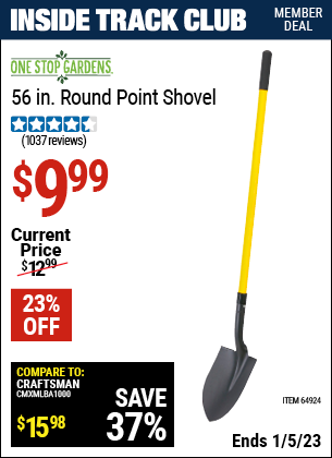 ONE STOP GARDENS 56 in. Round Point Shovel for $9.99 – Harbor Freight
