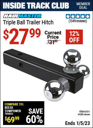 Inside Track Club members can buy the HAUL–MASTER Triple Ball Trailer Hitch (Item 64286/64311) for $27.99, valid through 1/5/2023.