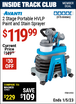 Inside Track Club members can buy the AVANTI Portable HVLP Paint & Stain Sprayer (Item 64933) for $119.99, valid through 1/5/2023.