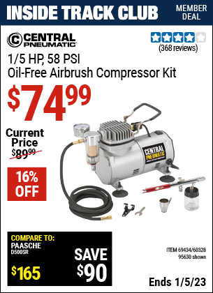 Inside Track Club members can buy the CENTRAL PNEUMATIC 1/5 HP 58 PSI Oil–Free Airbrush Compressor Kit (Item 95630/69434/60328) for $74.99, valid through 1/5/2023.